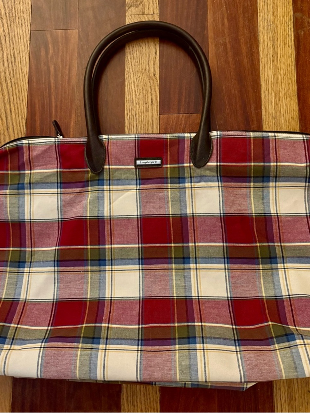 Longaberger Plaid Tote with Brown Handles